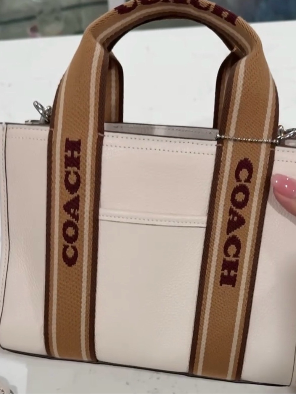 Coach Cream Tote with Tan Logo Straps and Burgundy Text